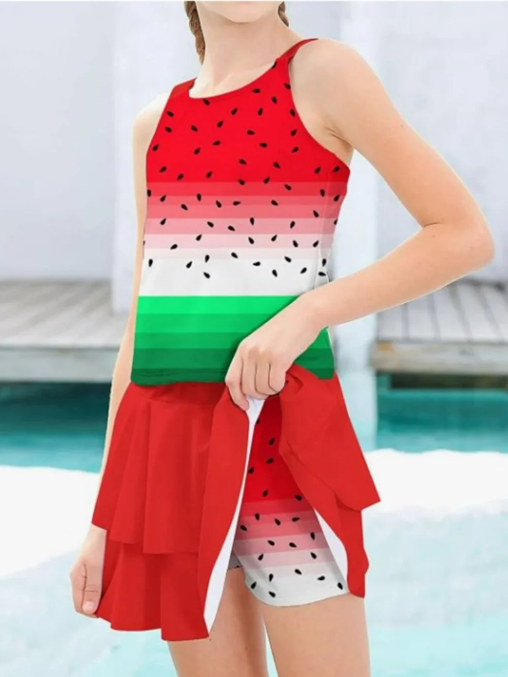 Girls Watermelon Tankini Swimsuit Set Size 8Y Swim Skirt Bathing Suit